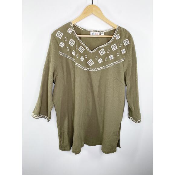 Denim & Co Womens Green Embroidered Tunic Size XL Boho Aztec 1/2 Sleeve Cotton - Picture 7 of 7